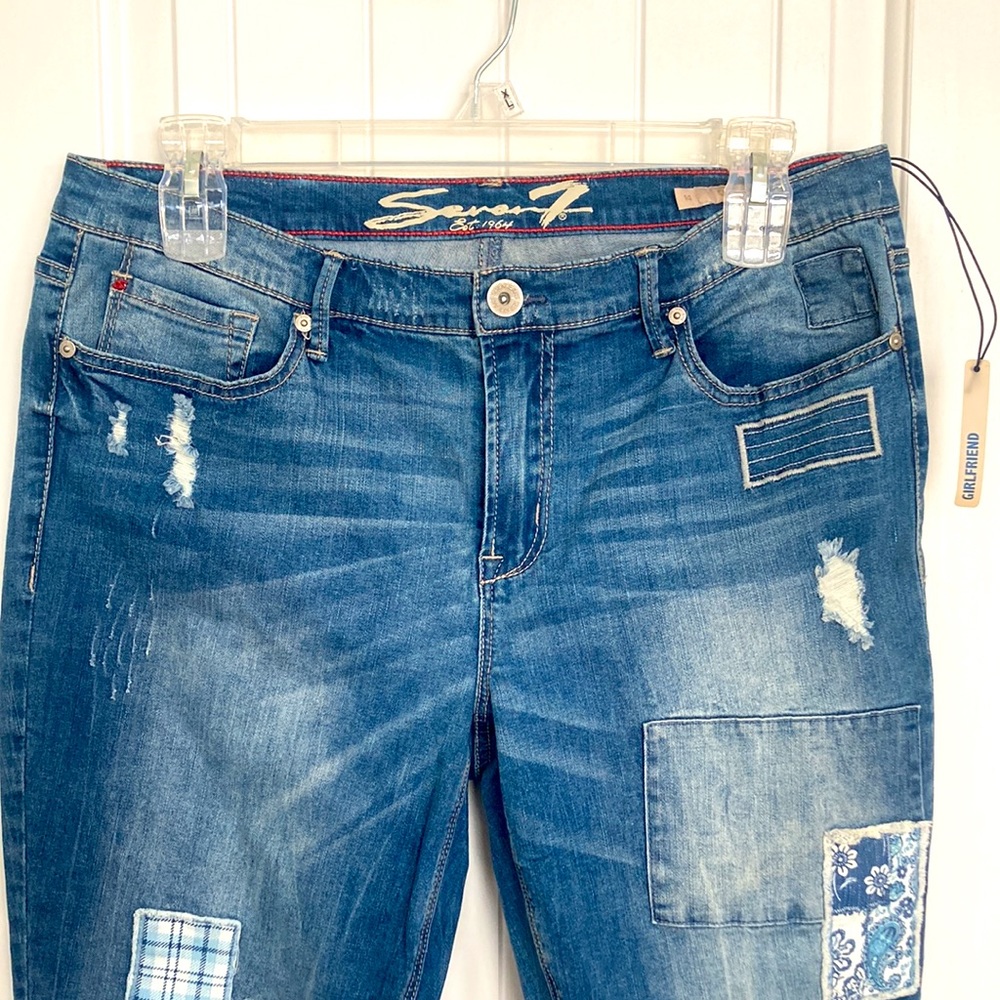 Seven7 Girlfriend Jeans Sz 14 Womens Blue Stretch Denim Distressed Patchwork NEW - Picture 2 of 12
